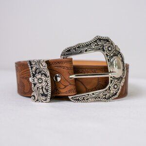 y2k western floral buckle brown belt — 2000s boho cowboy style